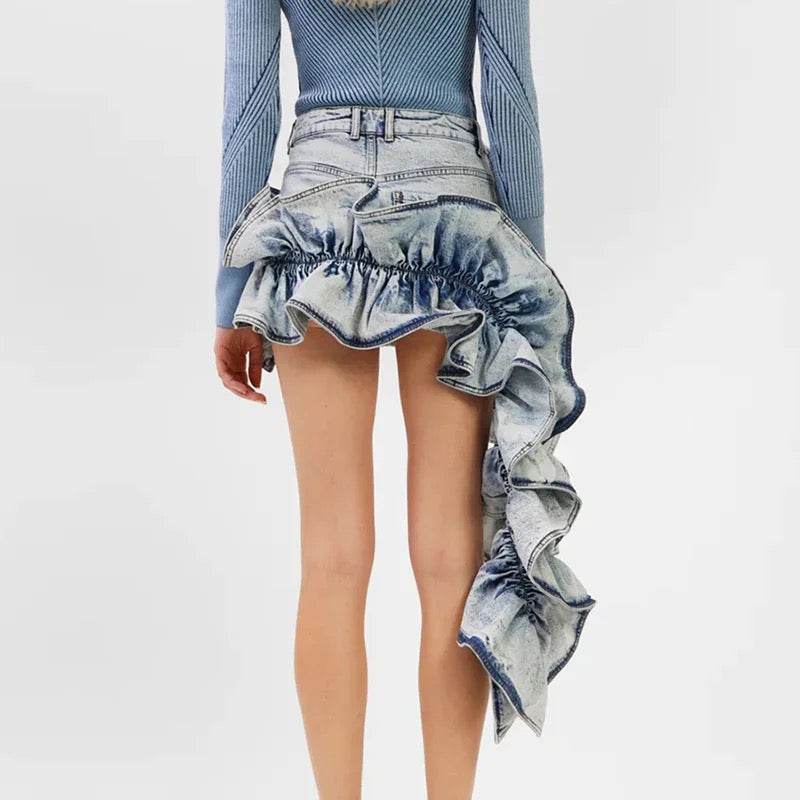 Patchwork Ruched Ruffle Denim Skirt - REBECATHELABEL