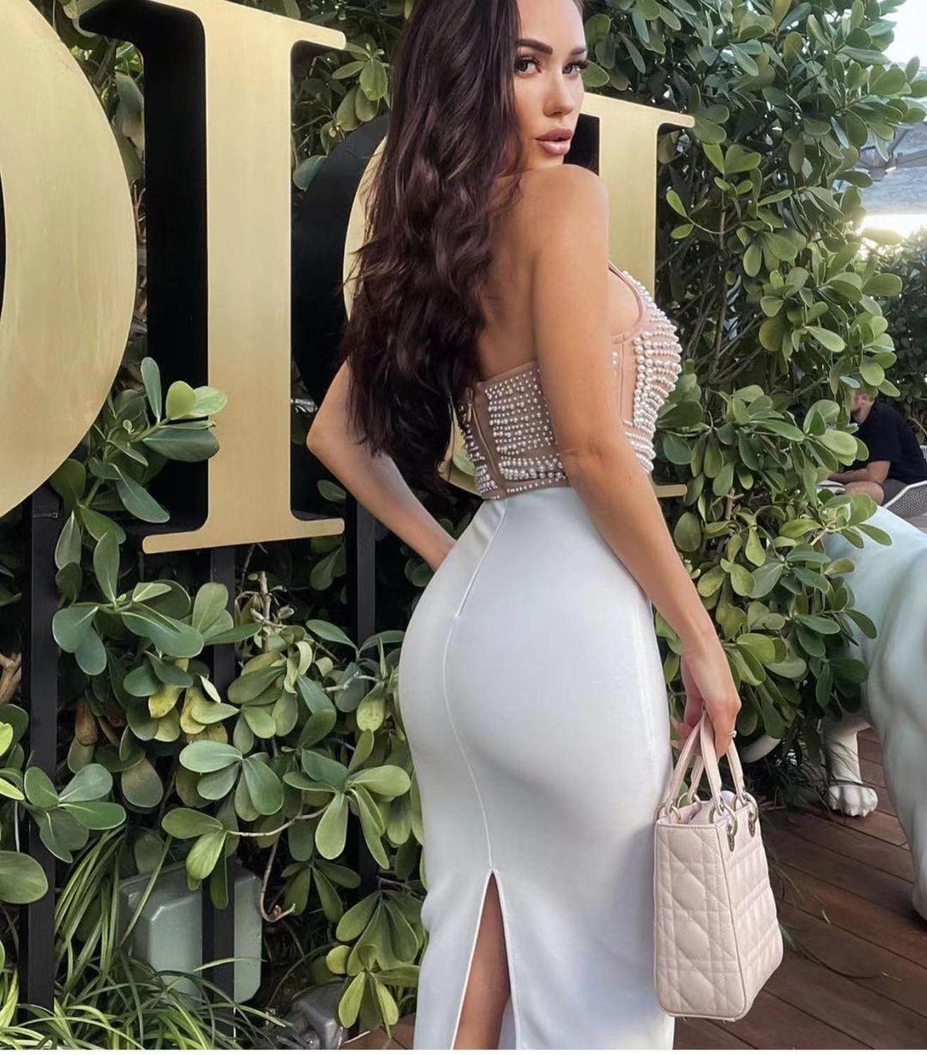 Pearl Beaded Halter Backless Bodycon Dress - REBECATHELABEL