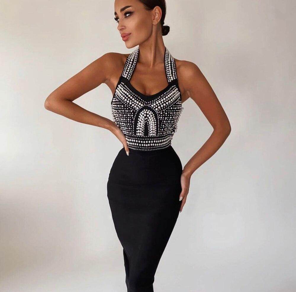 Pearl Beaded Halter Backless Bodycon Dress - REBECATHELABEL