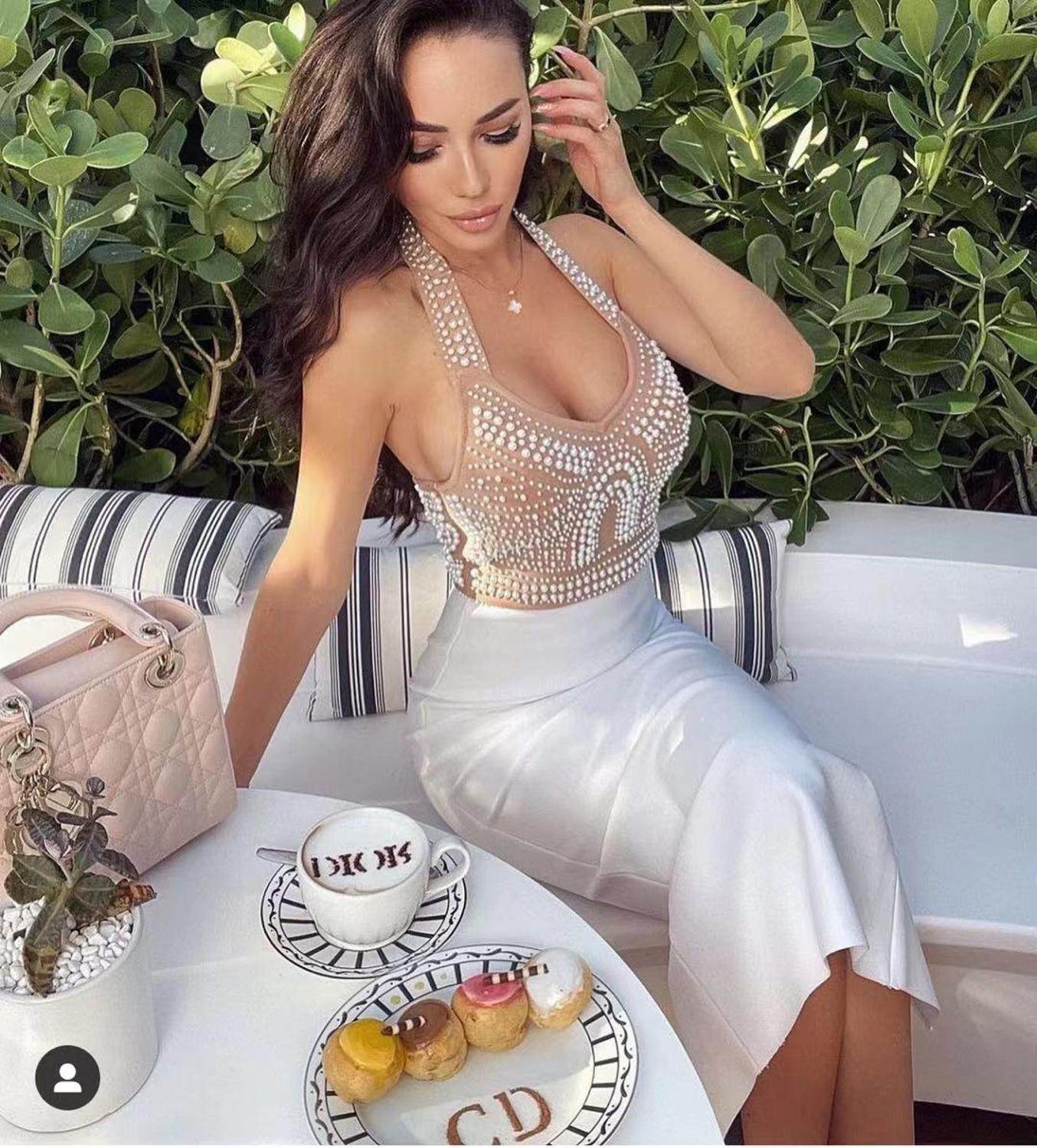 Pearl Beaded Halter Backless Bodycon Dress - REBECATHELABEL