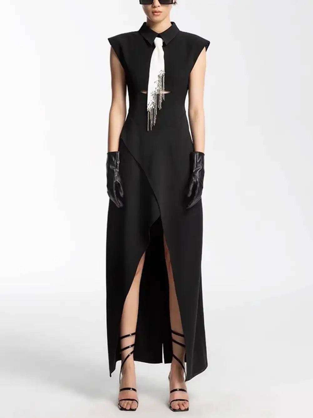 Pearl Chain Tassel Tie Lapel Sleeveless Irregular Dress - REBECATHELABEL