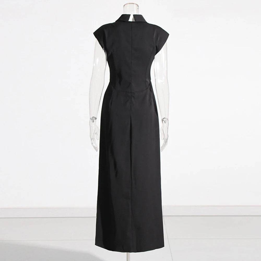 Pearl Chain Tassel Tie Lapel Sleeveless Irregular Dress - REBECATHELABEL