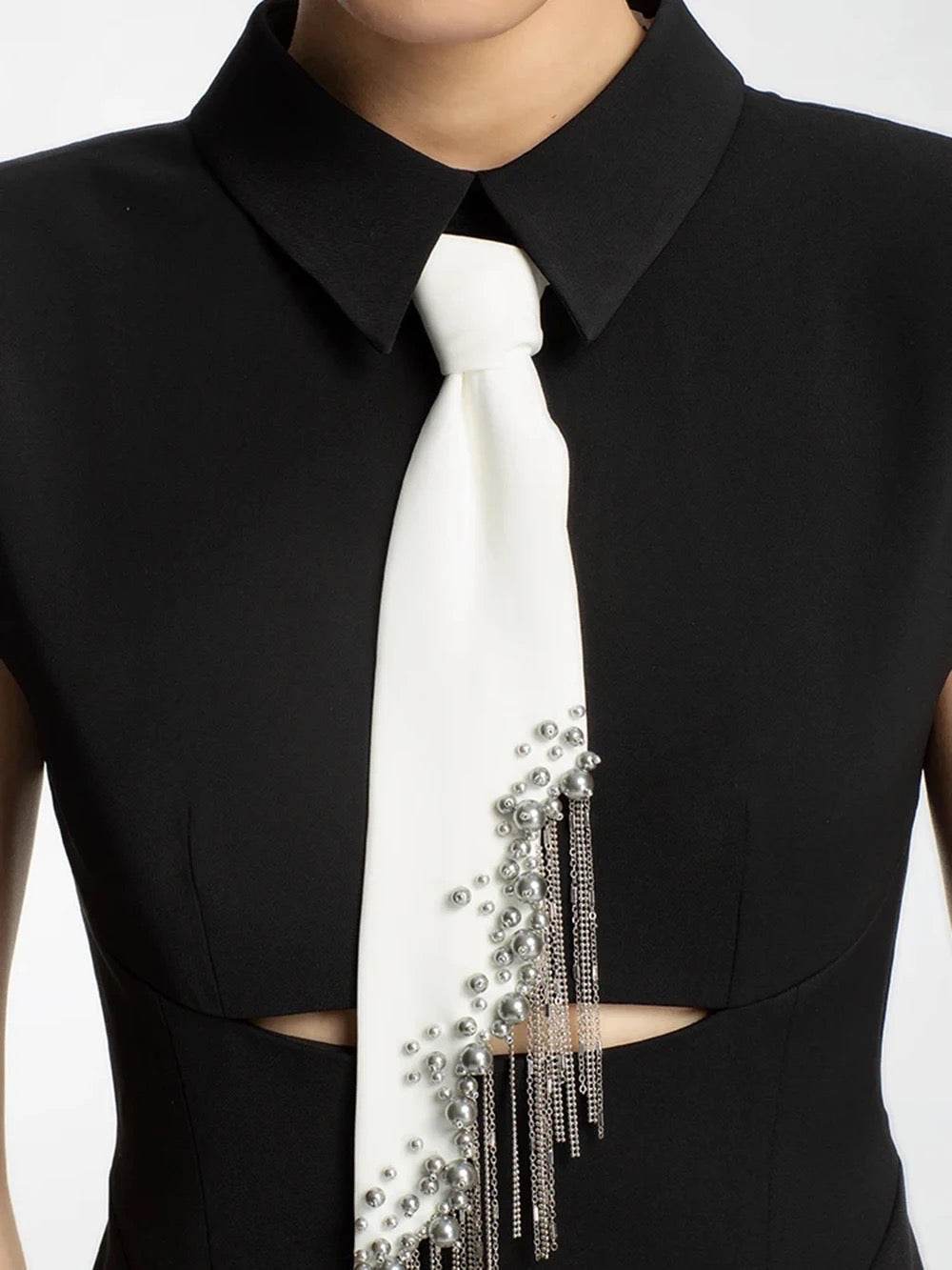 Pearl Chain Tassel Tie Lapel Sleeveless Irregular Dress - REBECATHELABEL