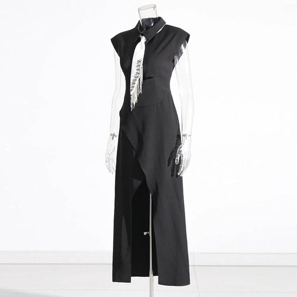 Pearl Chain Tassel Tie Lapel Sleeveless Irregular Dress - REBECATHELABEL