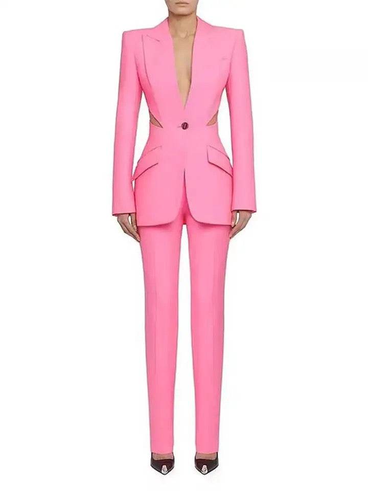 Pink Hollow out Blazer Pants Set - REBECATHELABEL