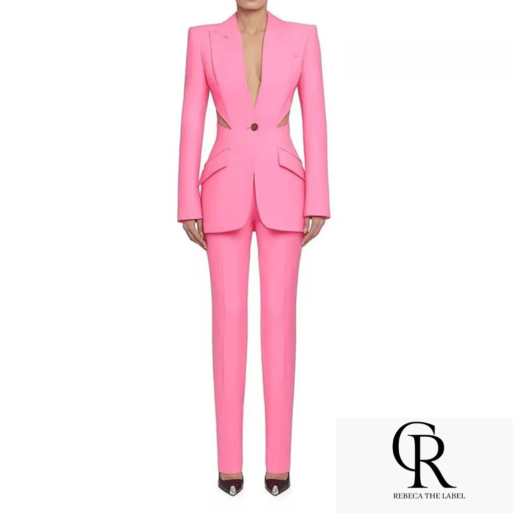 Pink Hollow out Blazer Pants Set - REBECATHELABEL