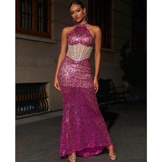 Pink Sequin Rhinestone Maxi Dress - REBECATHELABEL