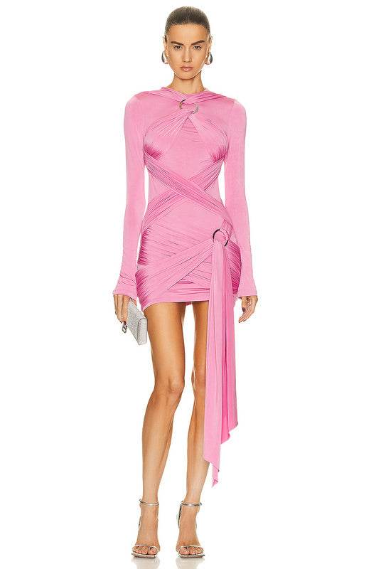 Pink Sexy Long Sleeve Round Neck Tight Pleated Mini Dress - REBECATHELABEL