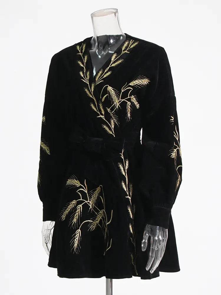 Plants Embroidered Velvet Coat Dress - REBECATHELABEL