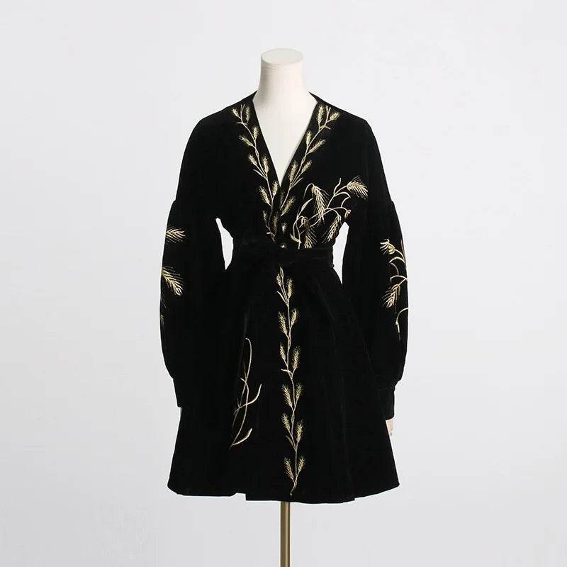 Plants Embroidered Velvet Coat Dress - REBECATHELABEL