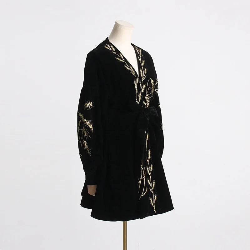 Plants Embroidered Velvet Coat Dress - REBECATHELABEL