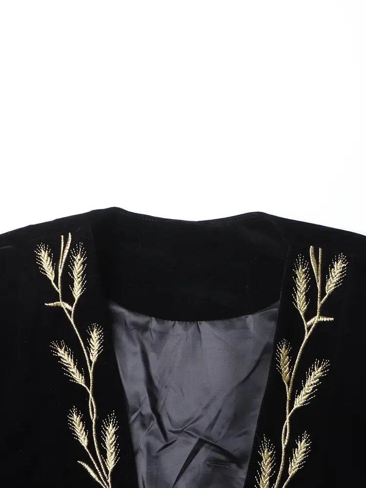 Plants Embroidered Velvet Coat Dress - REBECATHELABEL