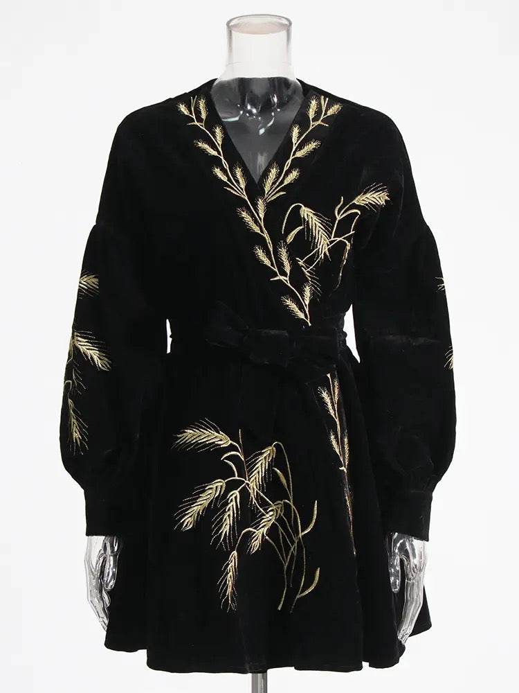 Plants Embroidered Velvet Coat Dress - REBECATHELABEL