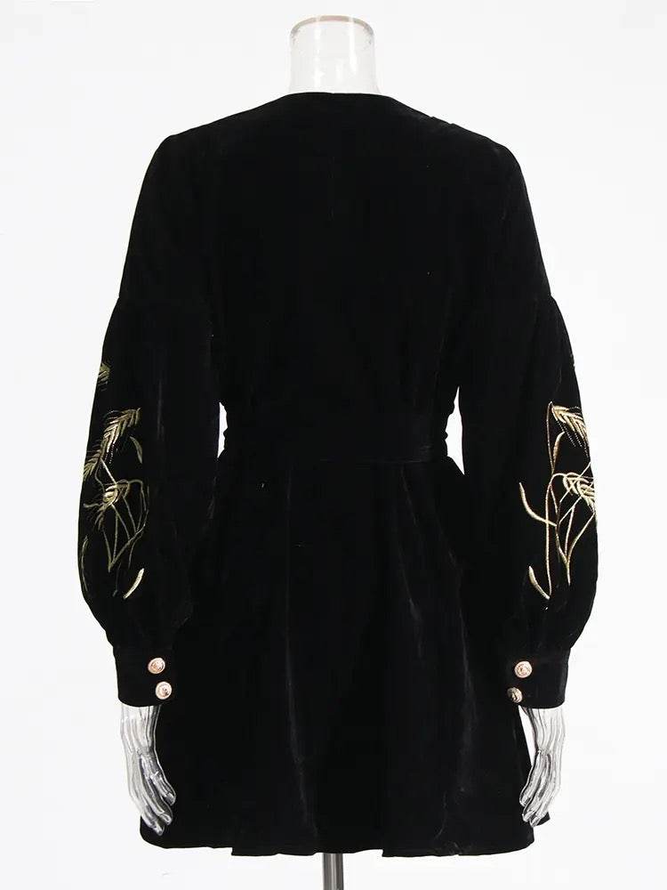 Plants Embroidered Velvet Coat Dress - REBECATHELABEL