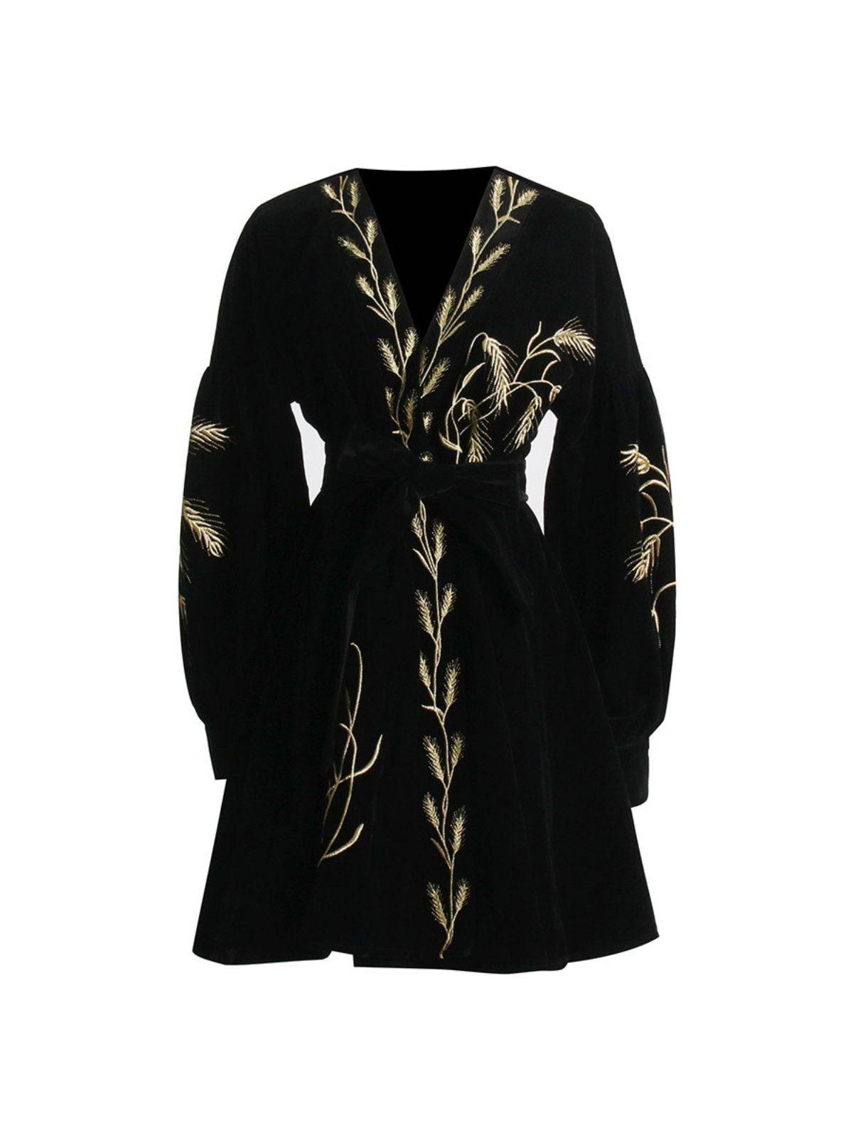 Plants Embroidered Velvet Coat Dress - REBECATHELABEL
