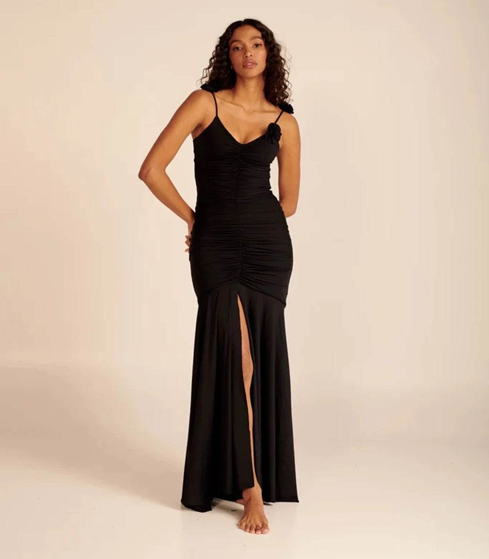 Pleated 3D Flower Spaghetti Strap V-Neck Split dress - REBECATHELABEL