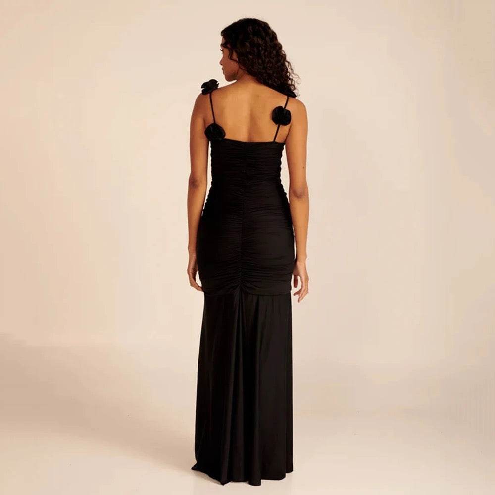 Pleated 3D Flower Spaghetti Strap V-Neck Split dress - REBECATHELABEL