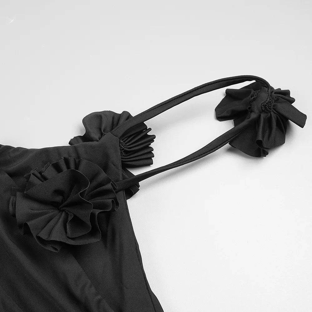 Pleated 3D Flower Spaghetti Strap V-Neck Split dress - REBECATHELABEL