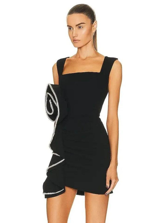 Pleated Flower Square Neck dress - REBECATHELABEL