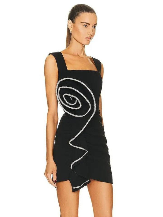 Pleated Flower Square Neck dress - REBECATHELABEL