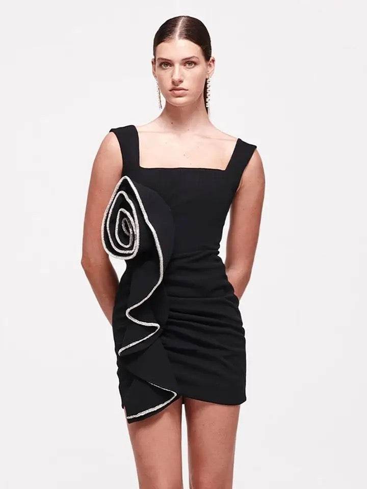 Pleated Flower Square Neck dress - REBECATHELABEL