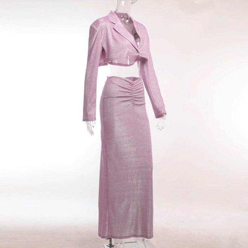 Pleated Hip Skirt Shiny Set Padded Shoulder Top - REBECATHELABEL