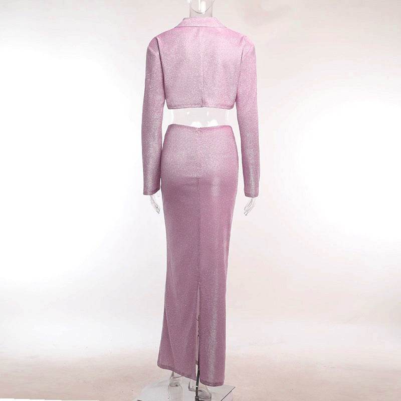 Pleated Hip Skirt Shiny Set Padded Shoulder Top - REBECATHELABEL