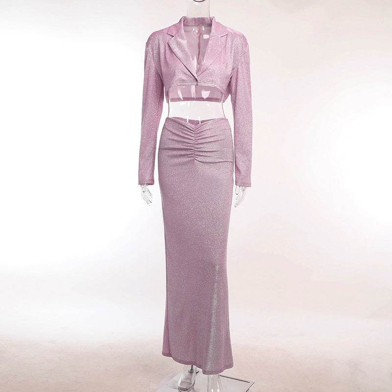 Pleated Hip Skirt Shiny Set Padded Shoulder Top - REBECATHELABEL