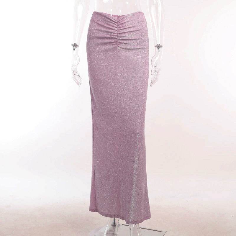 Pleated Hip Skirt Shiny Set Padded Shoulder Top - REBECATHELABEL