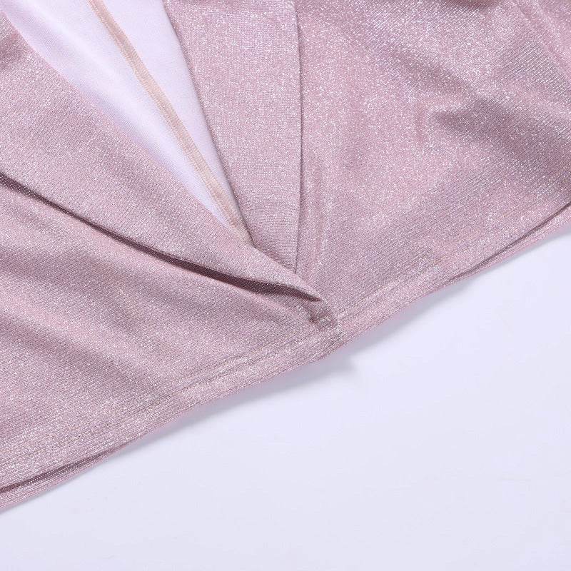 Pleated Hip Skirt Shiny Set Padded Shoulder Top - REBECATHELABEL