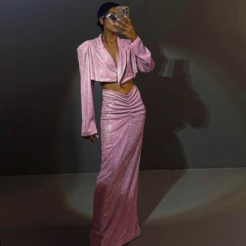 Pleated Hip Skirt Shiny Set Padded Shoulder Top - REBECATHELABEL