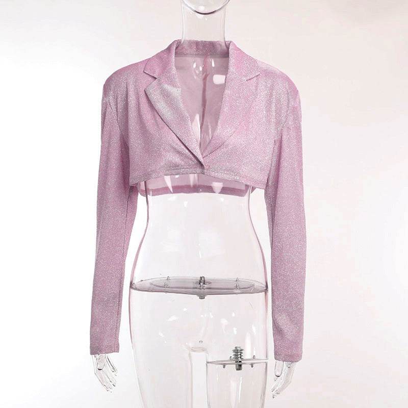 Pleated Hip Skirt Shiny Set Padded Shoulder Top - REBECATHELABEL