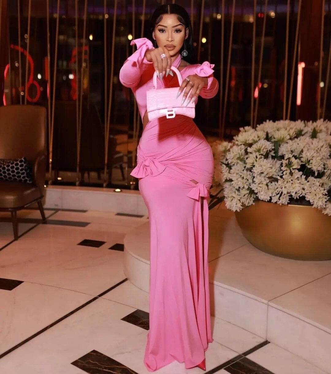 Pleated Split Robe Flower Maxi Gowns Ball Drop Bow Sleeves Sexy Dress - REBECATHELABEL