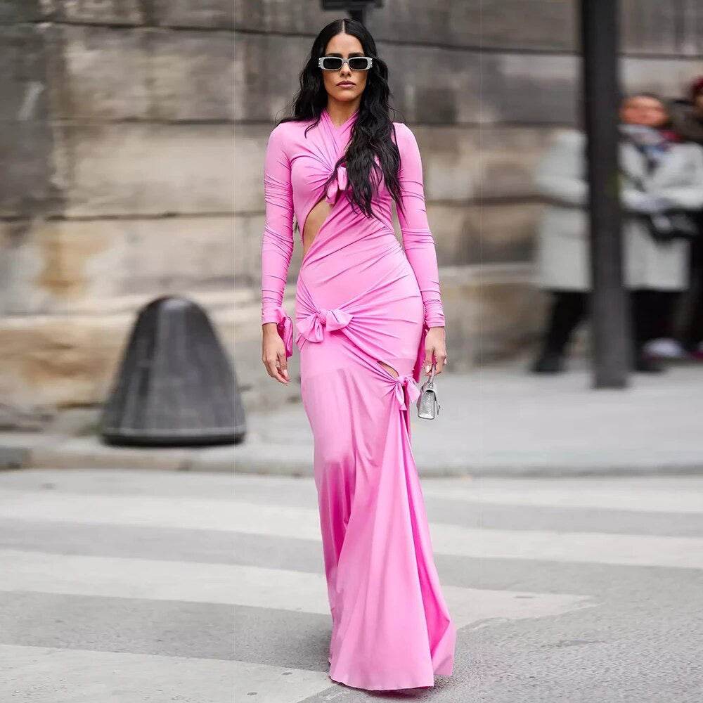 Pleated Split Robe Flower Maxi Gowns Ball Drop Bow Sleeves Sexy Dress - REBECATHELABEL