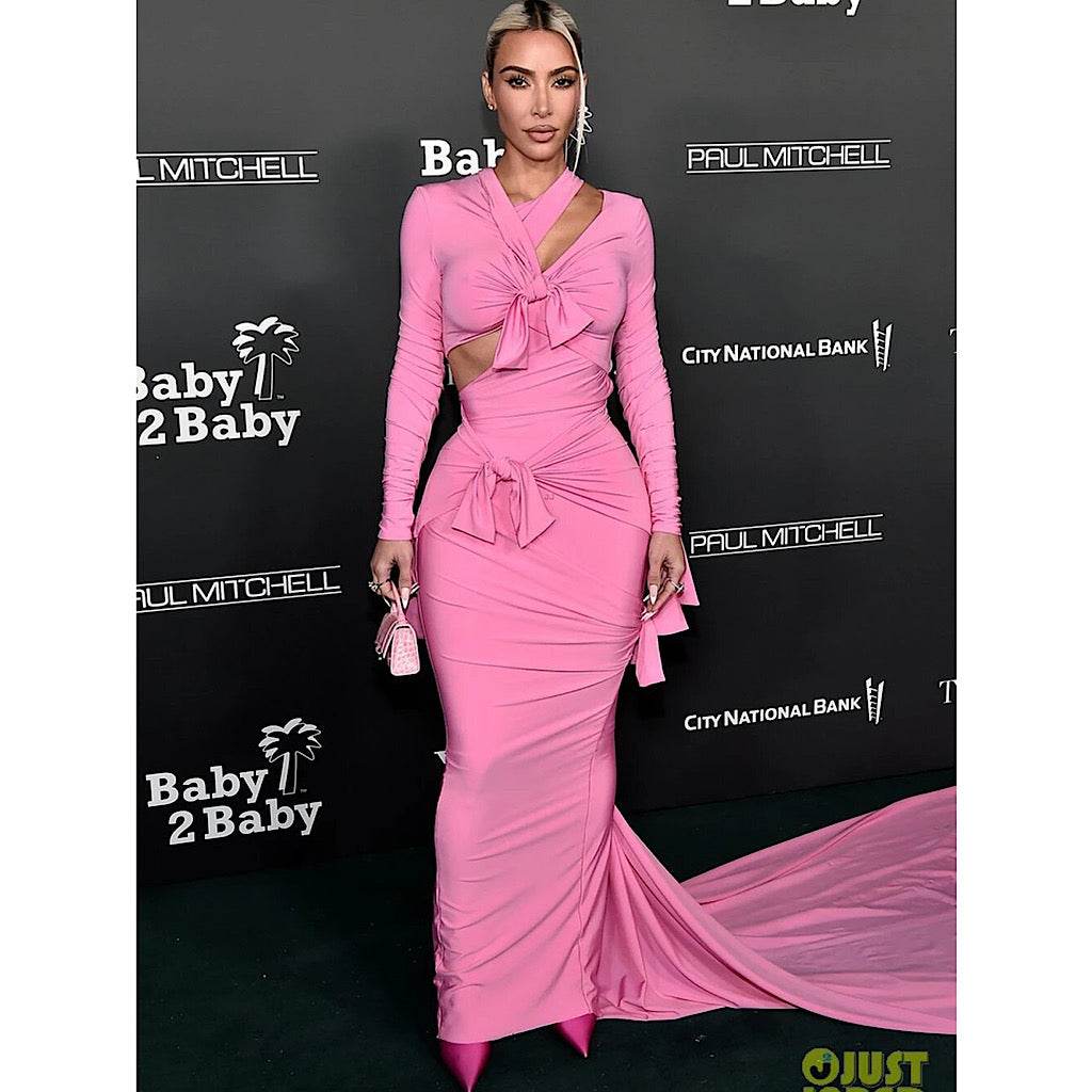 Pleated Split Robe Flower Maxi Gowns Ball Drop Bow Sleeves Sexy Dress - REBECATHELABEL