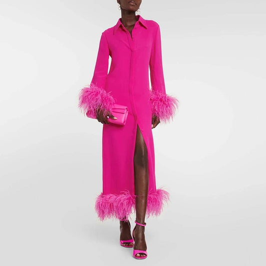 Polo Neck Feather Edge Long Sleeve Shirt Dress - REBECATHELABEL