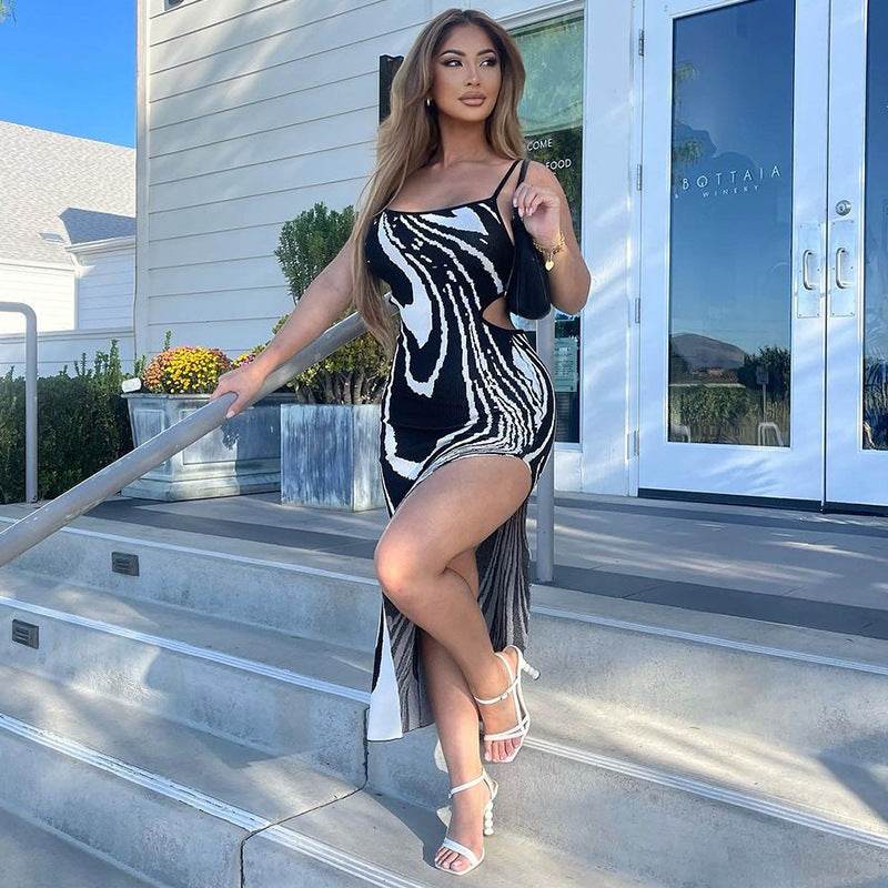 Print Sexy Backless Hollow Out Cutout out Split Sling Dress - REBECATHELABEL