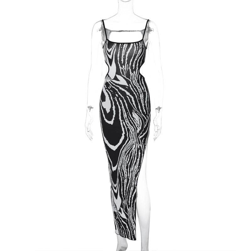 Print Sexy Backless Hollow Out Cutout out Split Sling Dress - REBECATHELABEL