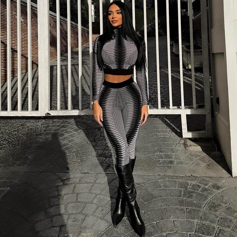 Printed Cropped Long Sleeve Top Slim Fit Skinny Pants Set - REBECATHELABEL