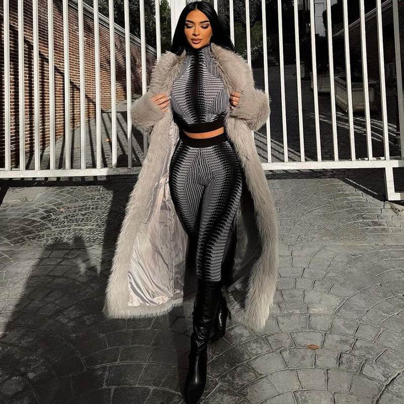 Printed Cropped Long Sleeve Top Slim Fit Skinny Pants Set - REBECATHELABEL