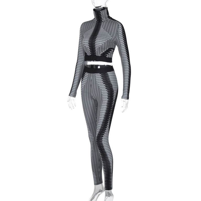 Printed Cropped Long Sleeve Top Slim Fit Skinny Pants Set - REBECATHELABEL