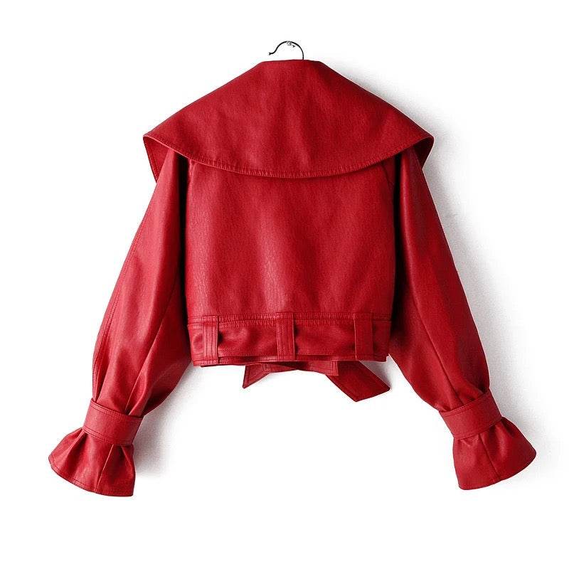 Pu Leather Jackets Short Coat Turndown Collar Belt Lace - REBECATHELABEL
