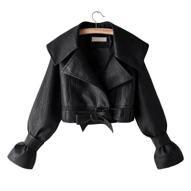 Pu Leather Jackets Short Coat Turndown Collar Belt Lace - REBECATHELABEL