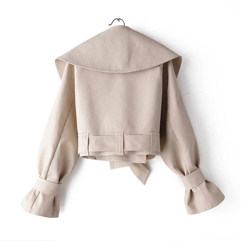 Pu Leather Jackets Short Coat Turndown Collar Belt Lace - REBECATHELABEL