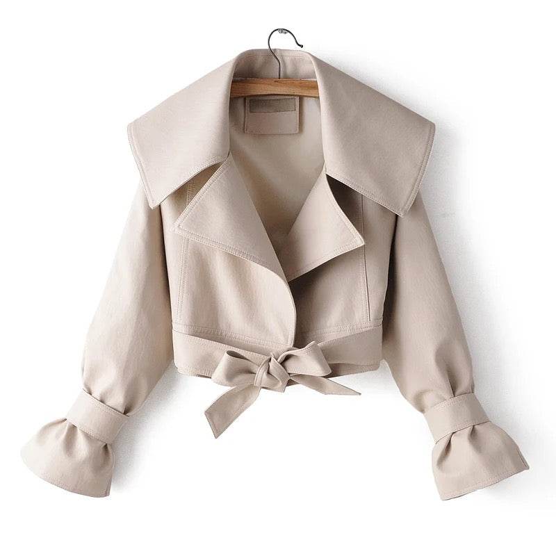 Pu Leather Jackets Short Coat Turndown Collar Belt Lace - REBECATHELABEL