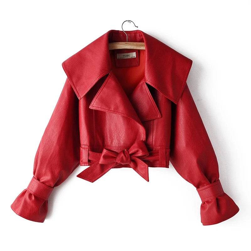 Pu Leather Jackets Short Coat Turndown Collar Belt Lace - REBECATHELABEL