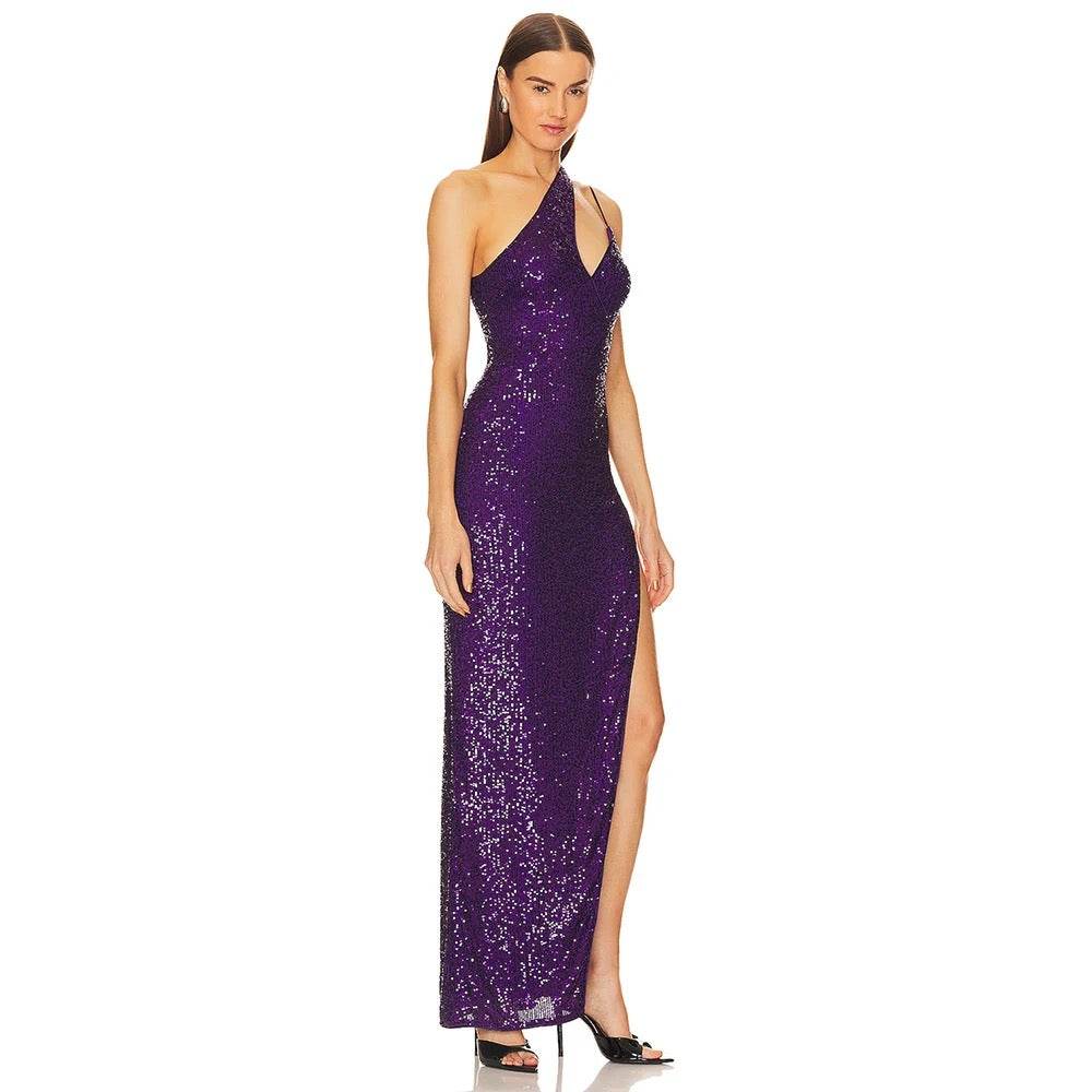 Purple Sequins Sexy One Shoulder Sleeveless High Split Long Dress - REBECATHELABEL