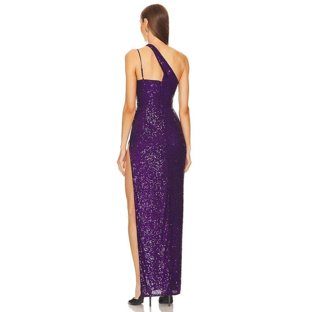 Purple Sequins Sexy One Shoulder Sleeveless High Split Long Dress - REBECATHELABEL