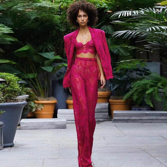 Red Sexy Lace Suit Coat Tight Pants - REBECATHELABEL