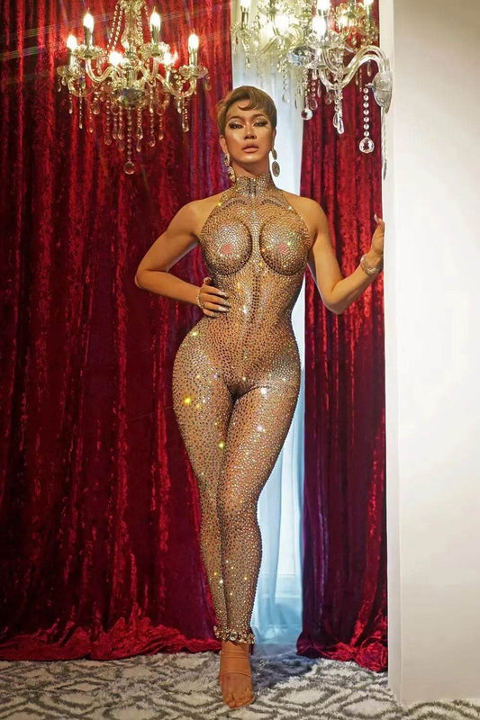 Rhinestone Illusion Mesh Jumpsuit - REBECATHELABEL